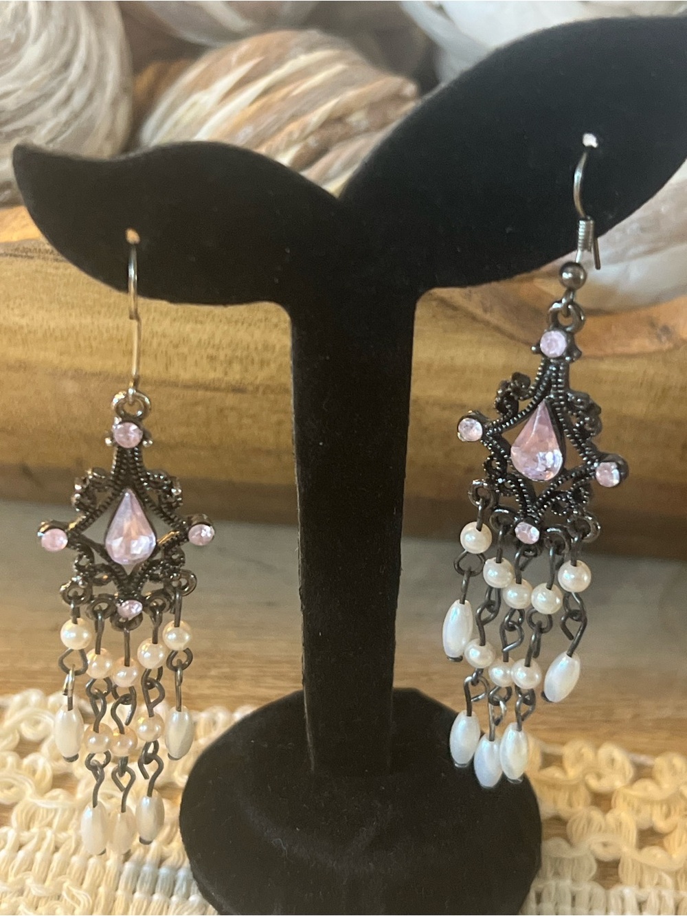 Vintage-Inspired Pink Crystal & Pearl Chandelier Earrings